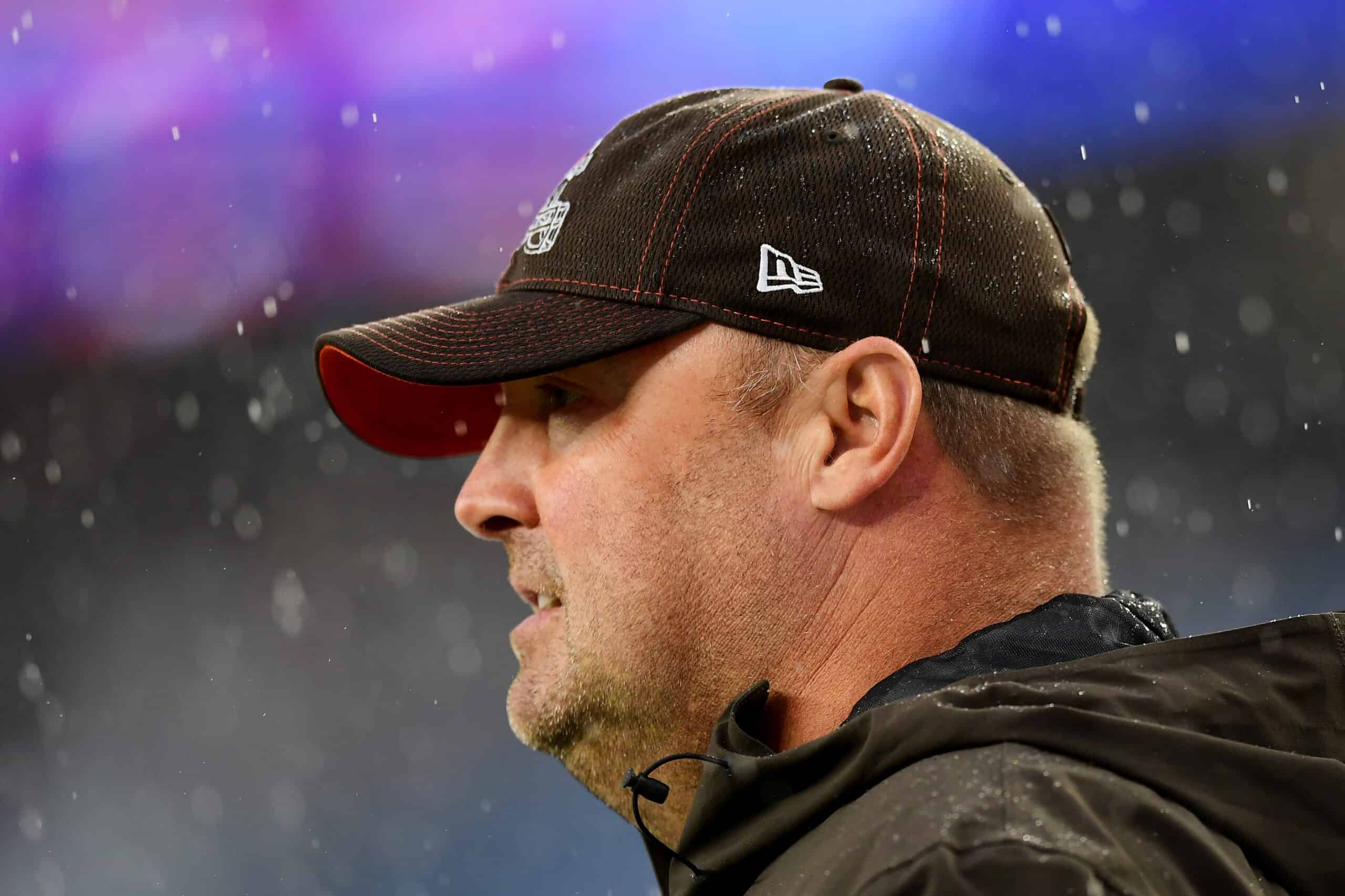 Head coach Freddie Kitchens of the Cleveland Browns looks on as they warm up prior to their game against the New England Patriots at Gillette Stadium on October 27, 2019 in Foxborough, Massachusetts. 