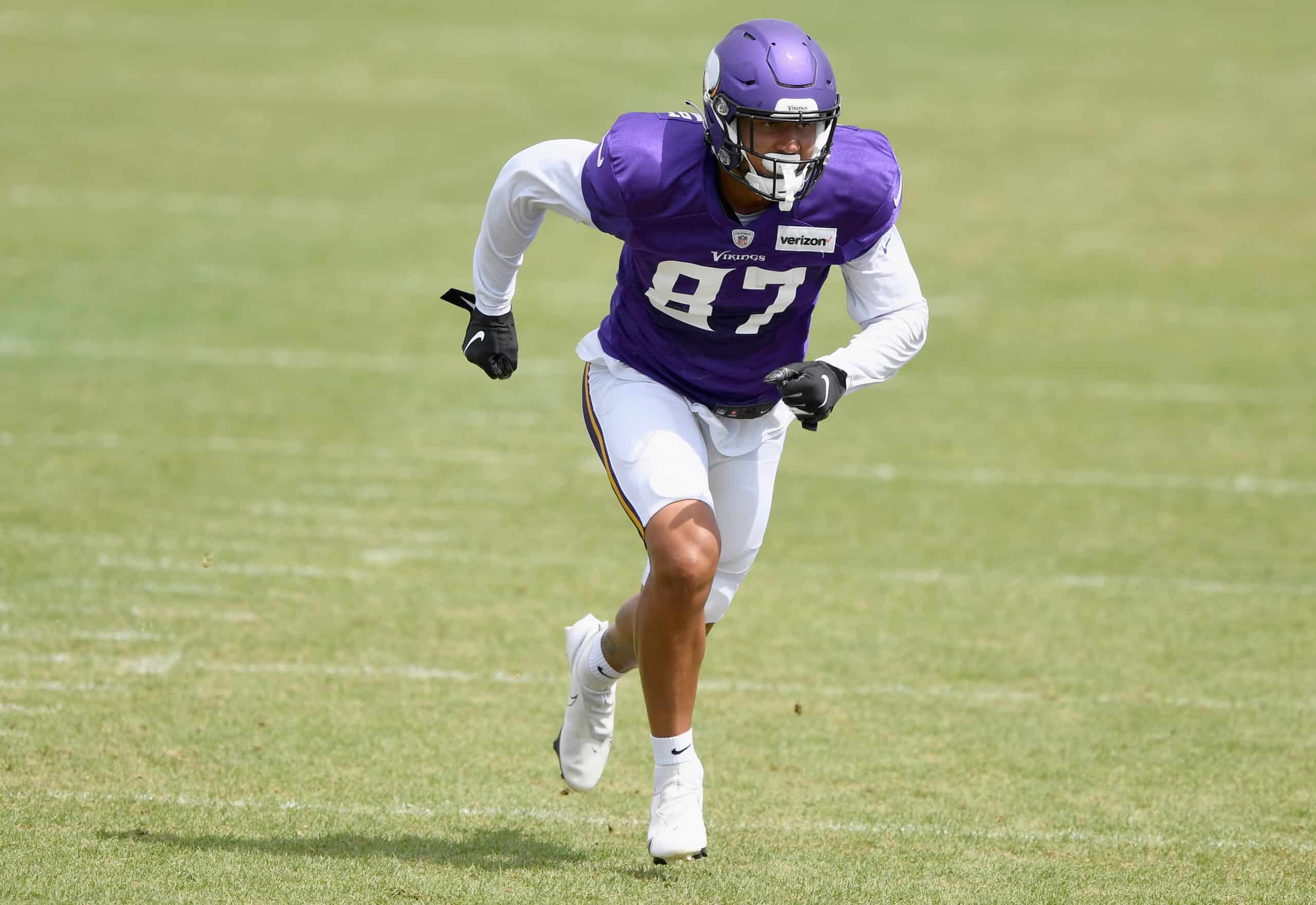 Nakia Griffin-Stewart #87 of the Minnesota Vikings runs a drill during training camp on August 19, 2020 at TCO Performance Center in Eagan, Minnesota.