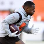 Nick Chubb #24 of the Cleveland Browns warms up prior to a game against the Las Vegas Raiders at FirstEnergy Stadium on December 20, 2021 in Cleveland, Ohio.