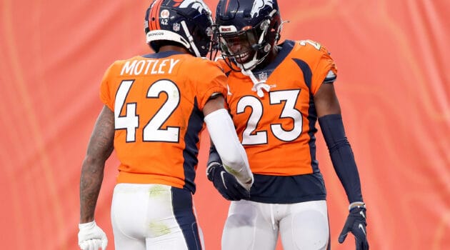 Michael Ojemudia #23 of the Denver Broncos celebrates with Parnell Motley #42 after recovering a fumble against the Las Vegas Raiders in the second quarter at Empower Field At Mile High on January 03, 2021 in Denver, Colorado.