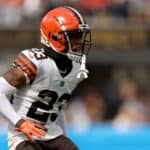 Troy Hill #23 of the Cleveland Browns on defense during a 49-42 loss to the Los Angeles Chargers at SoFi Stadium on October 10, 2021 in Inglewood, California.