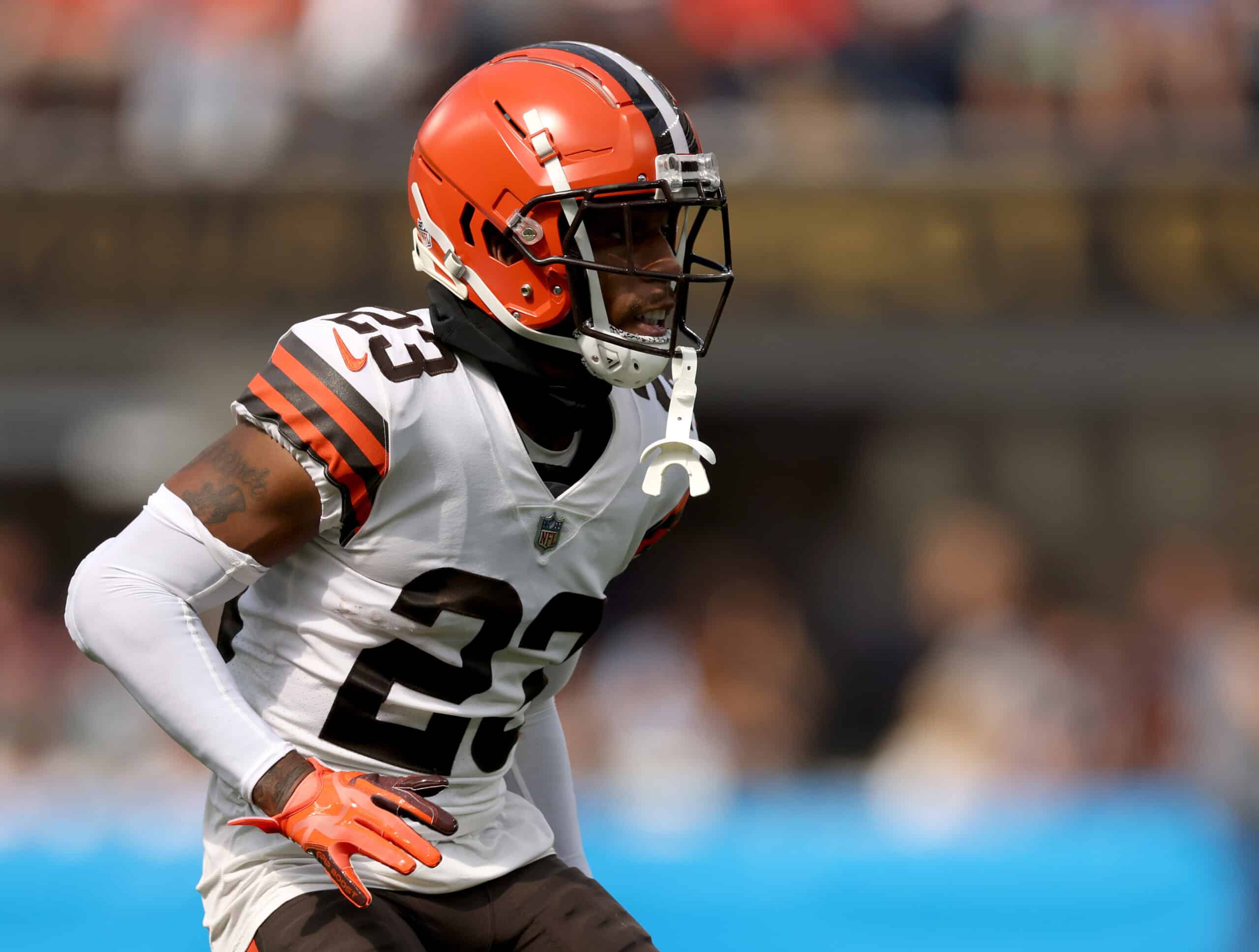 Troy Hill #23 of the Cleveland Browns on defense during a 49-42 loss to the Los Angeles Chargers at SoFi Stadium on October 10, 2021 in Inglewood, California. 