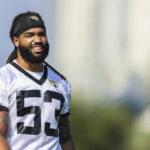 Dakota Allen #53 of the Jacksonville Jaguars looks on during training camp at TIAA Bank Field on July 28, 2021 in Jacksonville, Florida.