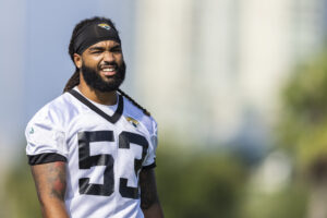 Dakota Allen #53 of the Jacksonville Jaguars looks on during training camp at TIAA Bank Field on July 28, 2021 in Jacksonville, Florida.