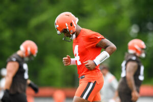 Deshaun Watson #4 of the Cleveland Browns runs a drill during the Cleveland Browns mandatory minicamp at CrossCountry Mortgage Campus on June 14, 2022 in Berea, Ohio.