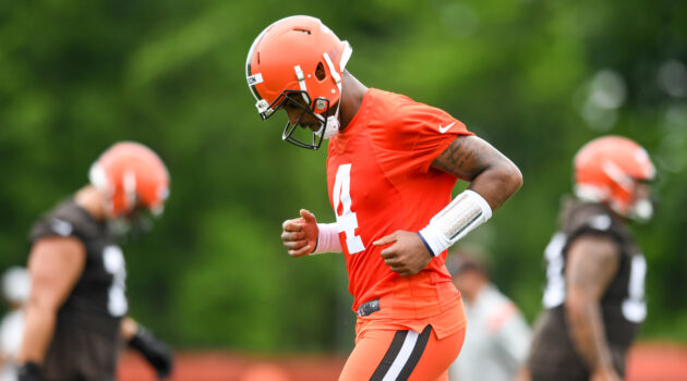 Deshaun Watson #4 of the Cleveland Browns runs a drill during the Cleveland Browns mandatory minicamp at CrossCountry Mortgage Campus on June 14, 2022 in Berea, Ohio.
