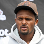 Deshaun Watson #4 of the Cleveland Browns speaks during press conference after the Cleveland Browns mandatory minicamp at CrossCountry Mortgage Campus on June 14, 2022 in Berea, Ohio.