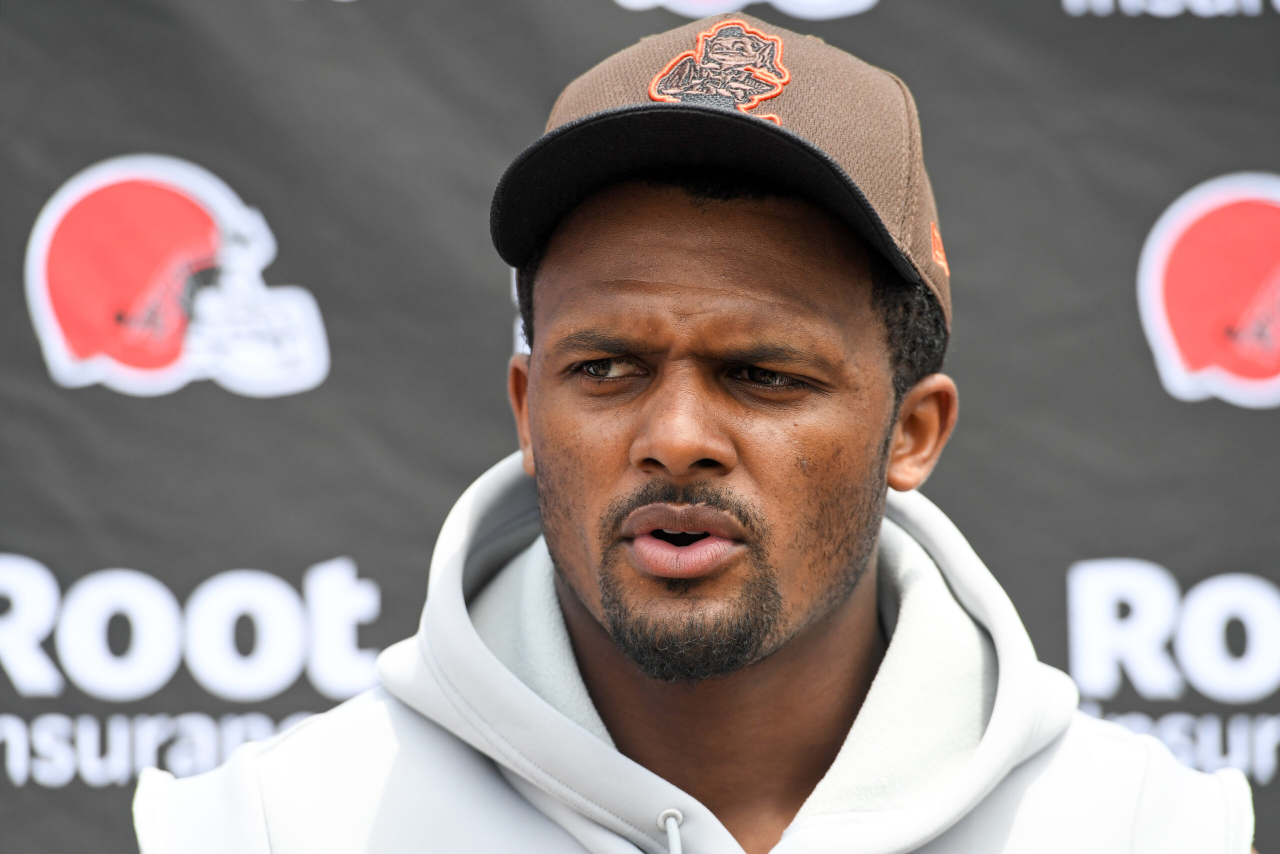 Deshaun Watson #4 of the Cleveland Browns speaks during press conference after the Cleveland Browns mandatory minicamp at CrossCountry Mortgage Campus on June 14, 2022 in Berea, Ohio.