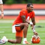 Deshaun Watson #4 of the Cleveland Browns looks on during the Cleveland Browns mandatory minicamp at CrossCountry Mortgage Campus on June 14, 2022 in Berea, Ohio.