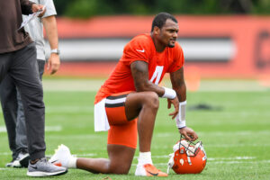 Deshaun Watson #4 of the Cleveland Browns looks on during the Cleveland Browns mandatory minicamp at CrossCountry Mortgage Campus on June 14, 2022 in Berea, Ohio.