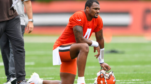 Deshaun Watson #4 of the Cleveland Browns looks on during the Cleveland Browns mandatory minicamp at CrossCountry Mortgage Campus on June 14, 2022 in Berea, Ohio.
