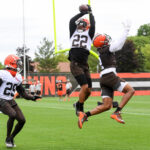 Grant Delpit #22 of the Cleveland Browns intercepts a pass intended for Amari Cooper #2 during the Cleveland Browns mandatory minicamp at CrossCountry Mortgage Campus on June 14, 2022 in Berea, Ohio.