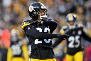 Joe Haden #23 of the Pittsburgh Steelers celebrates a stop on fourth down in the fourth quarter to end the game at Heinz Field on December 19, 2021 in Pittsburgh, Pennsylvania.