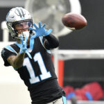 Robby Anderson #11 of the Carolina Panthers warms up prior to their game against the Tampa Bay Buccaneers at Bank of America Stadium on November 15, 2020 in Charlotte, North Carolina.