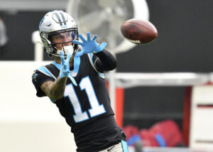 Robby Anderson #11 of the Carolina Panthers warms up prior to their game against the Tampa Bay Buccaneers at Bank of America Stadium on November 15, 2020 in Charlotte, North Carolina.