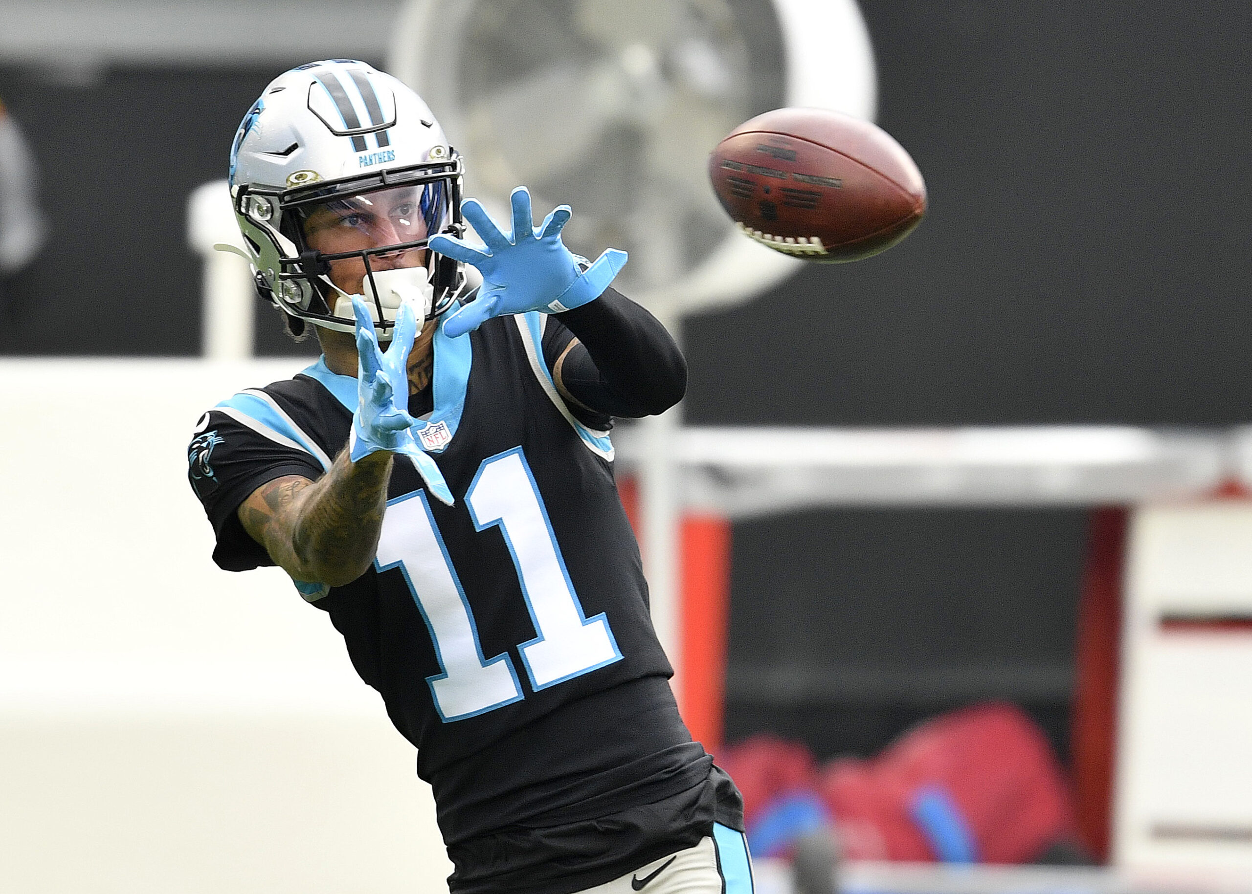 Robby Anderson #11 of the Carolina Panthers warms up prior to their game against the Tampa Bay Buccaneers at Bank of America Stadium on November 15, 2020 in Charlotte, North Carolina. 