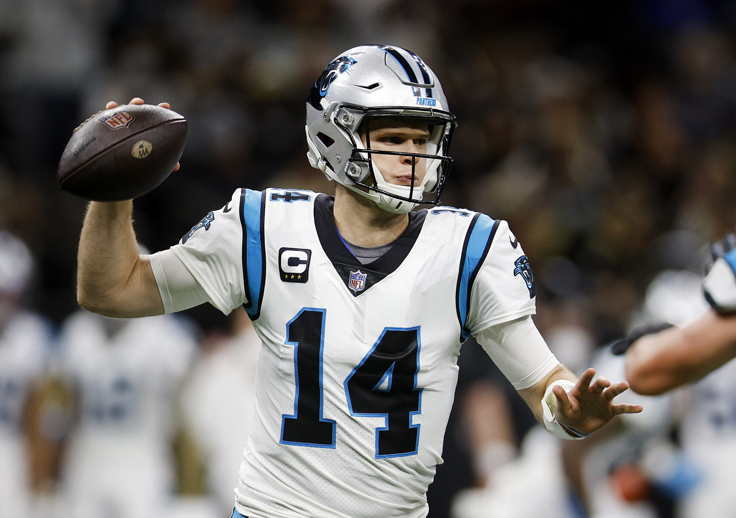 Sam Darnold #14 of the Carolina Panthers looks to throw the ball in the second quarter of the game against the New Orleans Saints at Caesars Superdome on January 02, 2022 in New Orleans, Louisiana. 