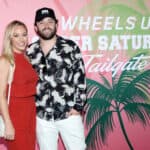 Emily Wilkinson and Baker Mayfield at Wheels Up members-only Super Saturday Tailgate event on February 1, 2020 in Wynwood, Miami. The seventh-annual event featured a chalk talk hosted by prominent figures in sports and entertainment and interactive partnership activations.