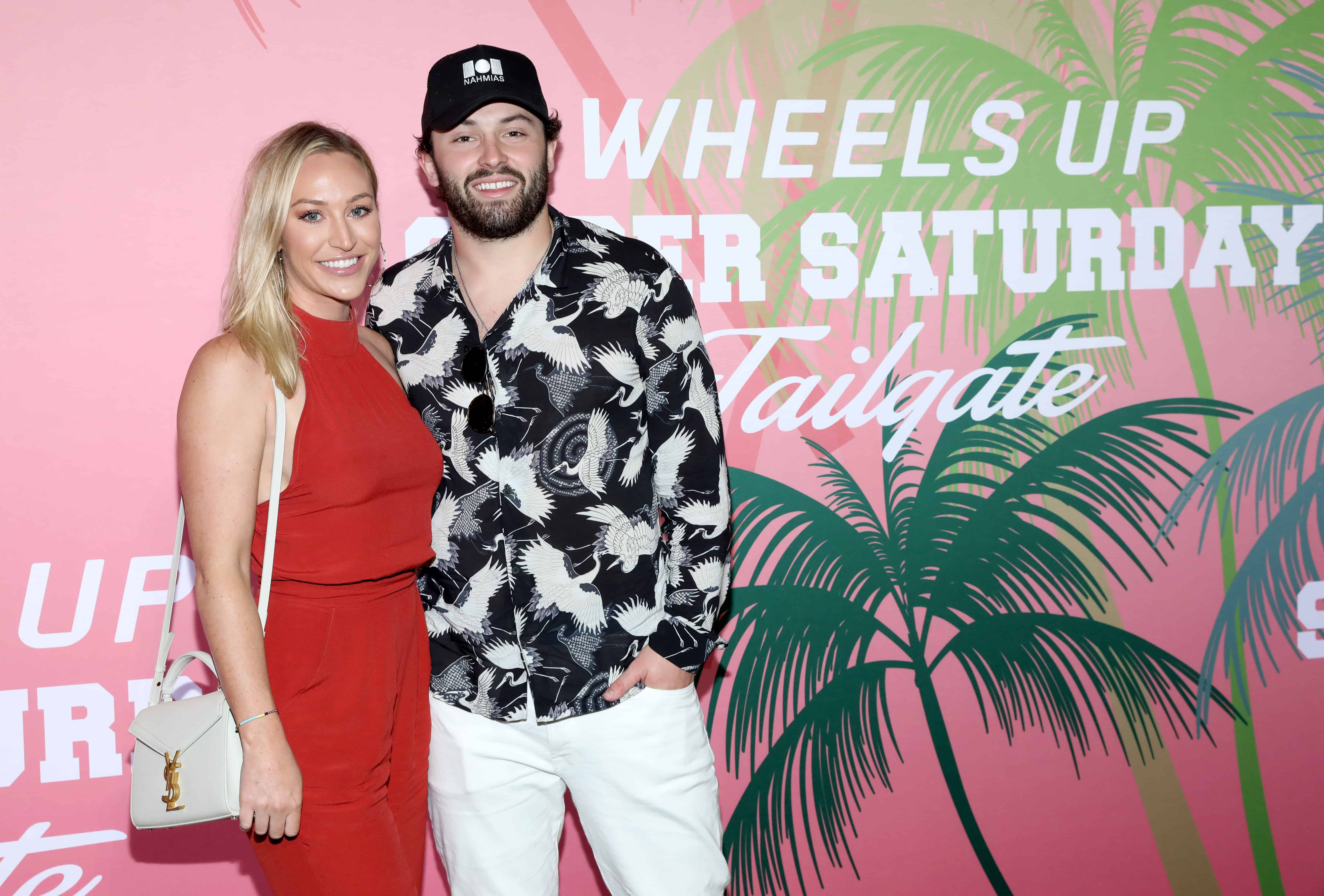 Emily Wilkinson and Baker Mayfield at Wheels Up members-only Super Saturday Tailgate event on February 1, 2020 in Wynwood, Miami. The seventh-annual event featured a chalk talk hosted by prominent figures in sports and entertainment and interactive partnership activations.