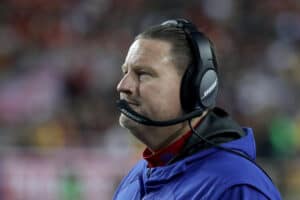 Head coach Ben McAdoo of the New York Giants looks on in the fourth quarter against the Washington Redskins at FedExField on November 23, 2017 in Landover, Maryland.