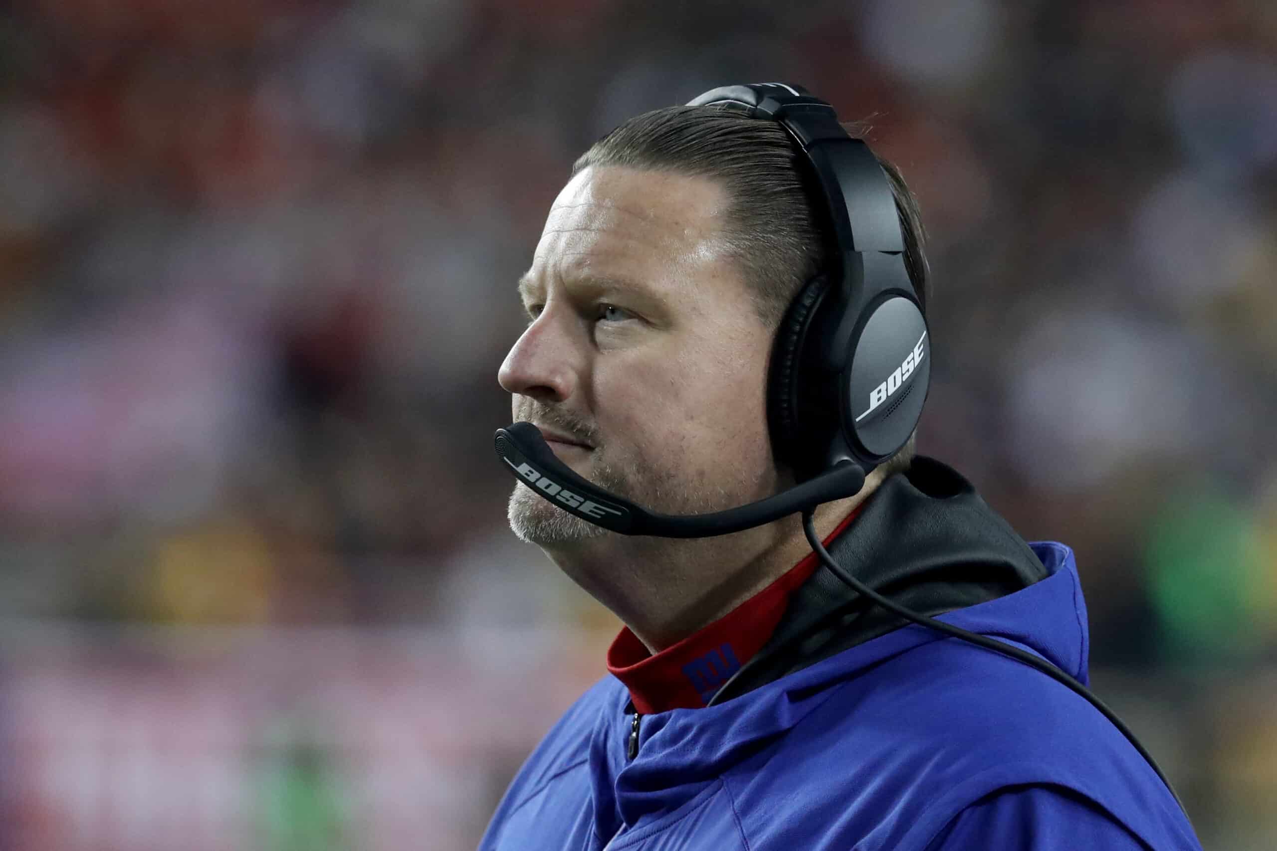 Head coach Ben McAdoo of the New York Giants looks on in the fourth quarter against the Washington Redskins at FedExField on November 23, 2017 in Landover, Maryland. 