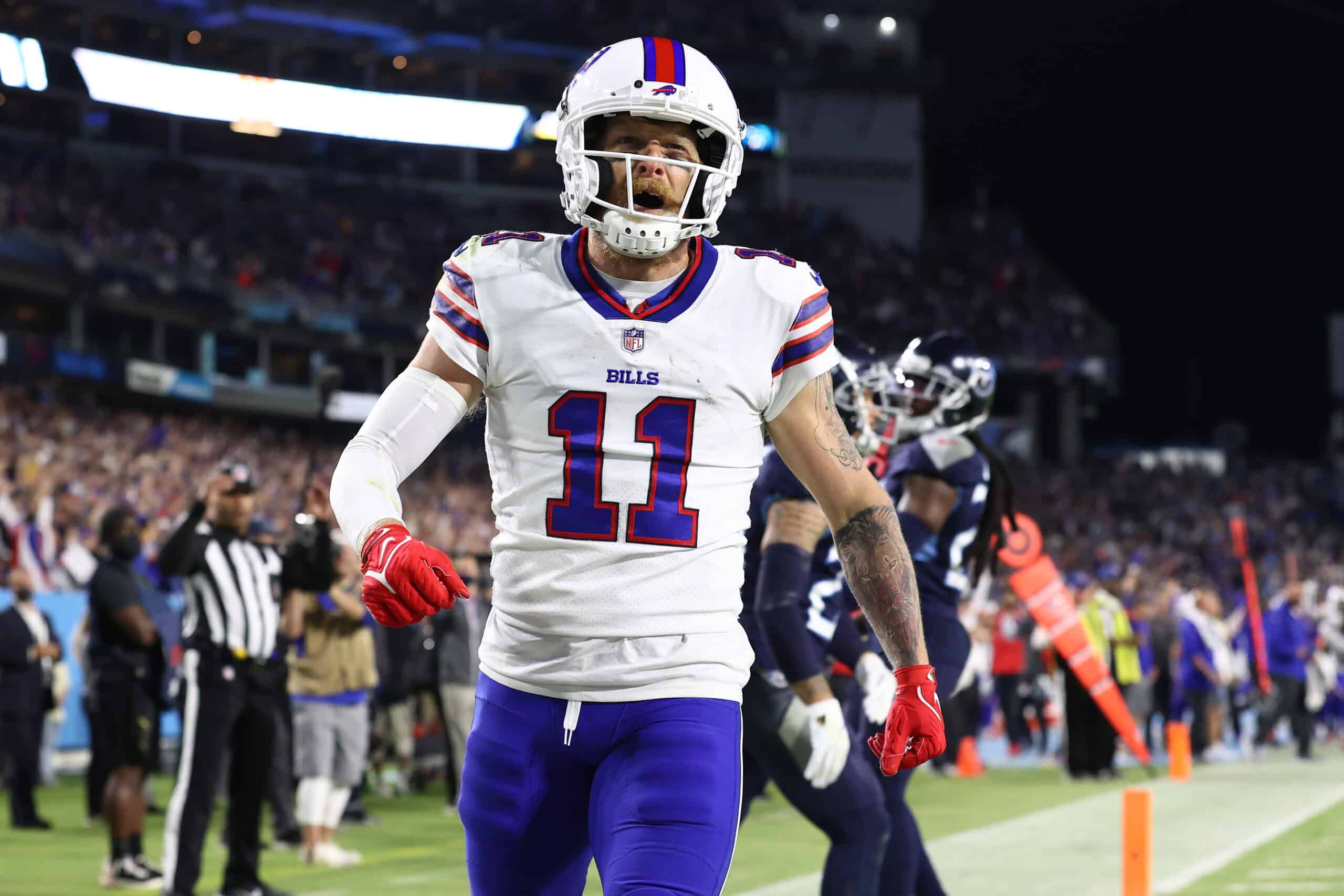 Wide receiver Cole Beasley #11 of the Buffalo Bills celebrates his touchdown against the Tennessee Titans during the second quarter at Nissan Stadium on October 18, 2021 in Nashville, Tennessee. 