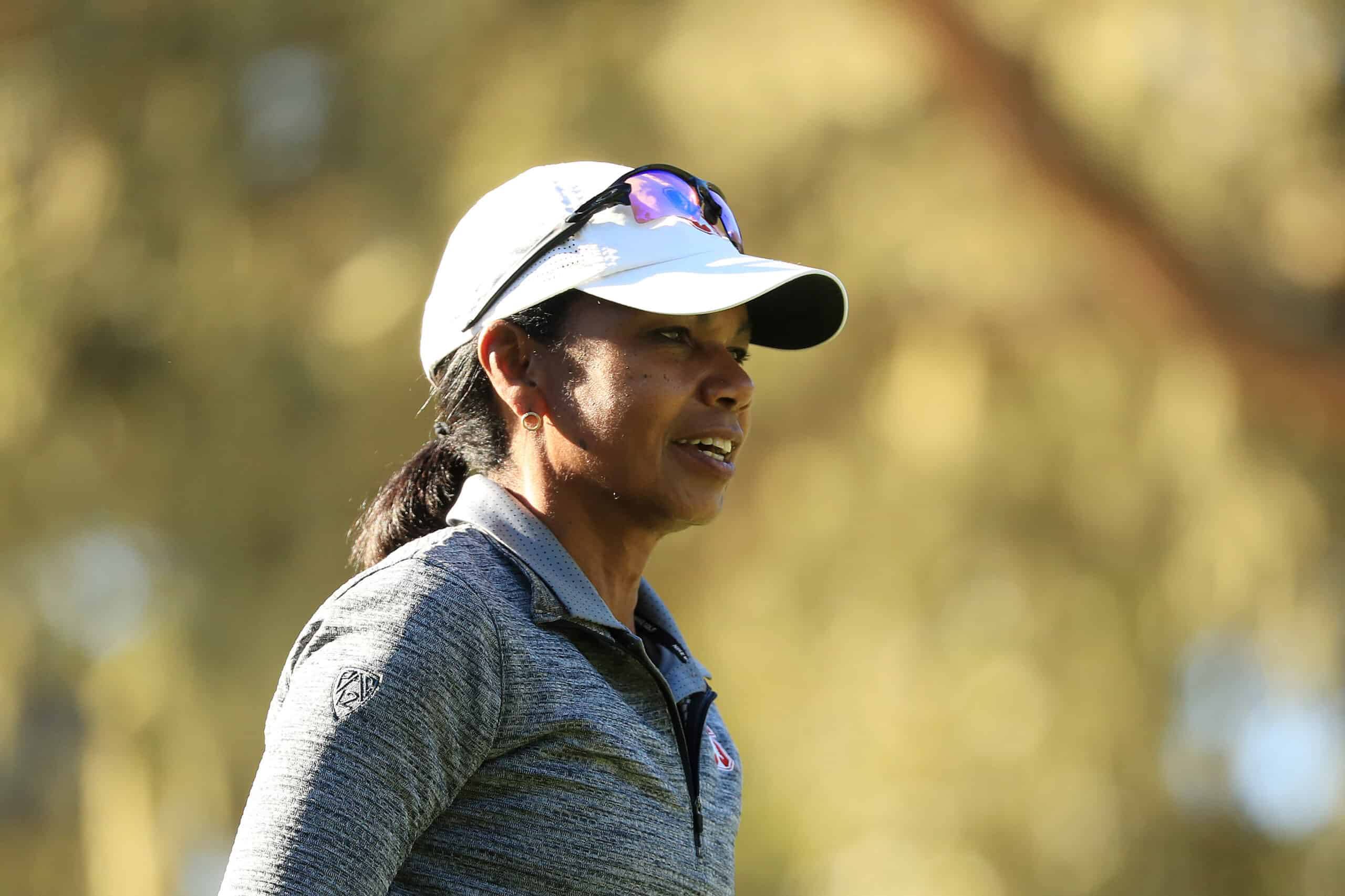 Former United States Secretary of State Condoleezza Rice looks on during the during the first round of the AT&T Pebble Beach Pro-Am at Spyglass Hill Golf Course on February 06, 2020 in Pebble Beach, California.