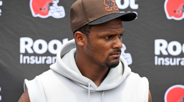 Deshaun Watson #4 of the Cleveland Browns listens to questions during press conference after the Cleveland Browns mandatory minicamp at CrossCountry Mortgage Campus on June 14, 2022 in Berea, Ohio.
