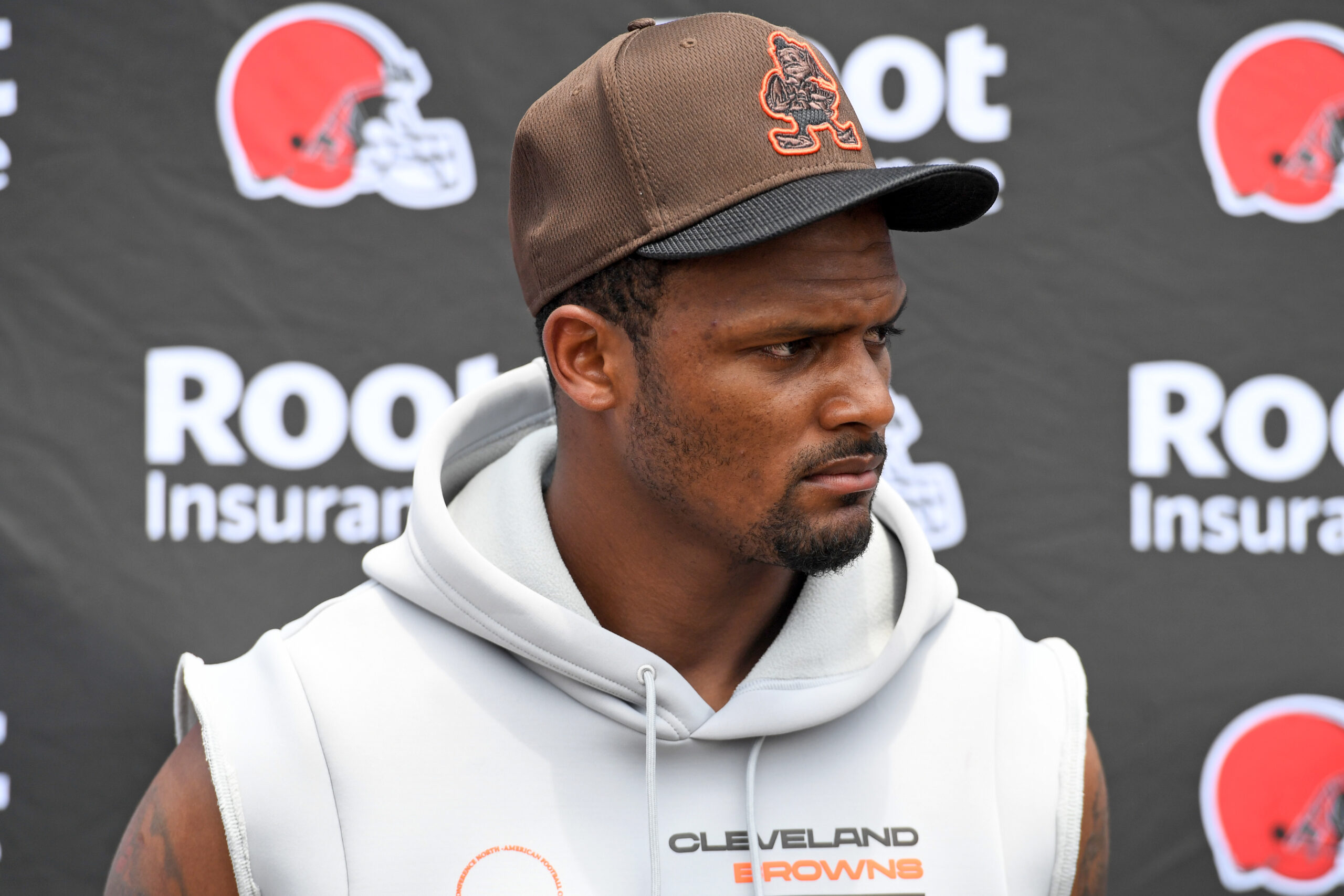 Deshaun Watson #4 of the Cleveland Browns listens to questions during press conference after the Cleveland Browns mandatory minicamp at CrossCountry Mortgage Campus on June 14, 2022 in Berea, Ohio.