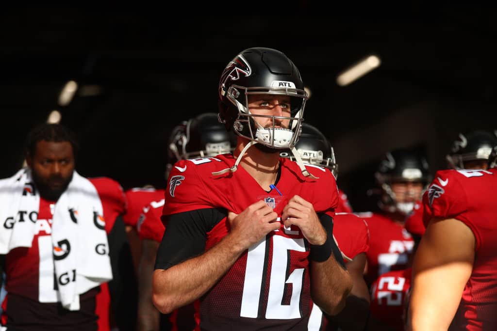 Josh Rosen #16 of the Atlanta Falcons prepares to walk onto the field during the NFL London 2021 match between New York Jets and Atlanta Falcons at Tottenham Hotspur Stadium on October 10, 2021 in London, England.