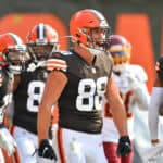 Tight end Harrison Bryant #88 of the Cleveland Browns celebrates after catching a touchdown pass during the fourth quarter against the Washington Football Team at FirstEnergy Stadium on September 27, 2020 in Cleveland, Ohio. The Browns defeated the Washington Football Team 34-20.