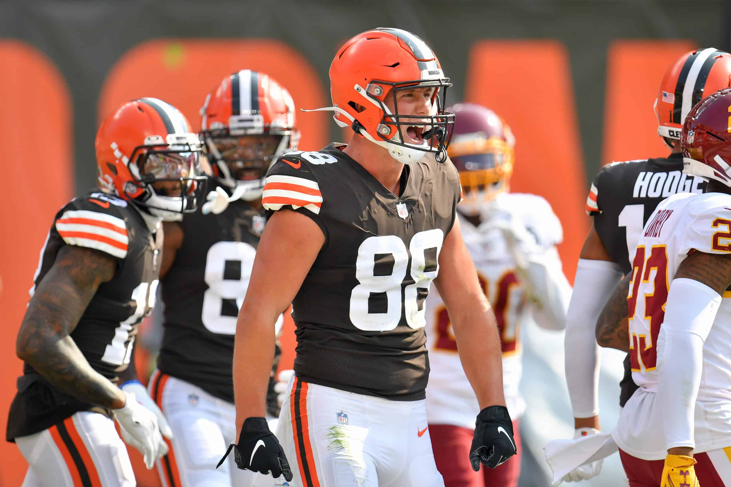 Tight end Harrison Bryant #88 of the Cleveland Browns celebrates after catching a touchdown pass during the fourth quarter against the Washington Football Team at FirstEnergy Stadium on September 27, 2020 in Cleveland, Ohio. The Browns defeated the Washington Football Team 34-20.