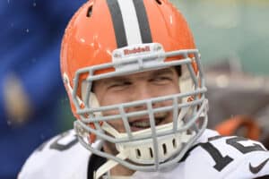 Mitchell Schwartz #72 of the Cleveland Browns sits on the bench before the game against the Green Bay Packers at Lambeau Field on October 20, 2013 in Green Bay, Wisconsin. The Packers defeated the Browns 31-13.