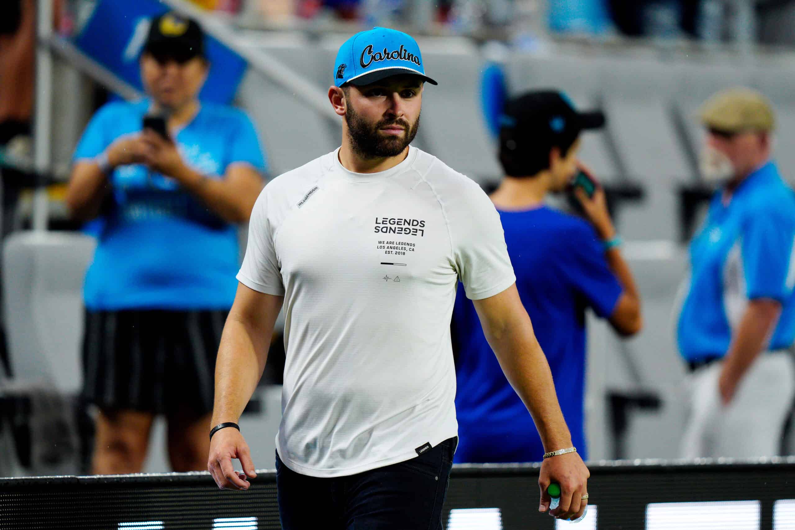 Baker Mayfield of Carolina Panthers looks on prior to the Pre-Season Friendly match between Chelsea FC and Charlotte FC at Bank of America Stadium on July 20, 2022 in Charlotte, North Carolina.