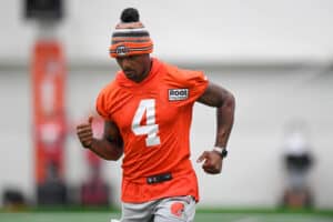 Deshaun Watson #4 of the Cleveland Browns runs a drill during Cleveland Browns training camp at CrossCountry Mortgage Campus on July 27, 2022 in Berea, Ohio.