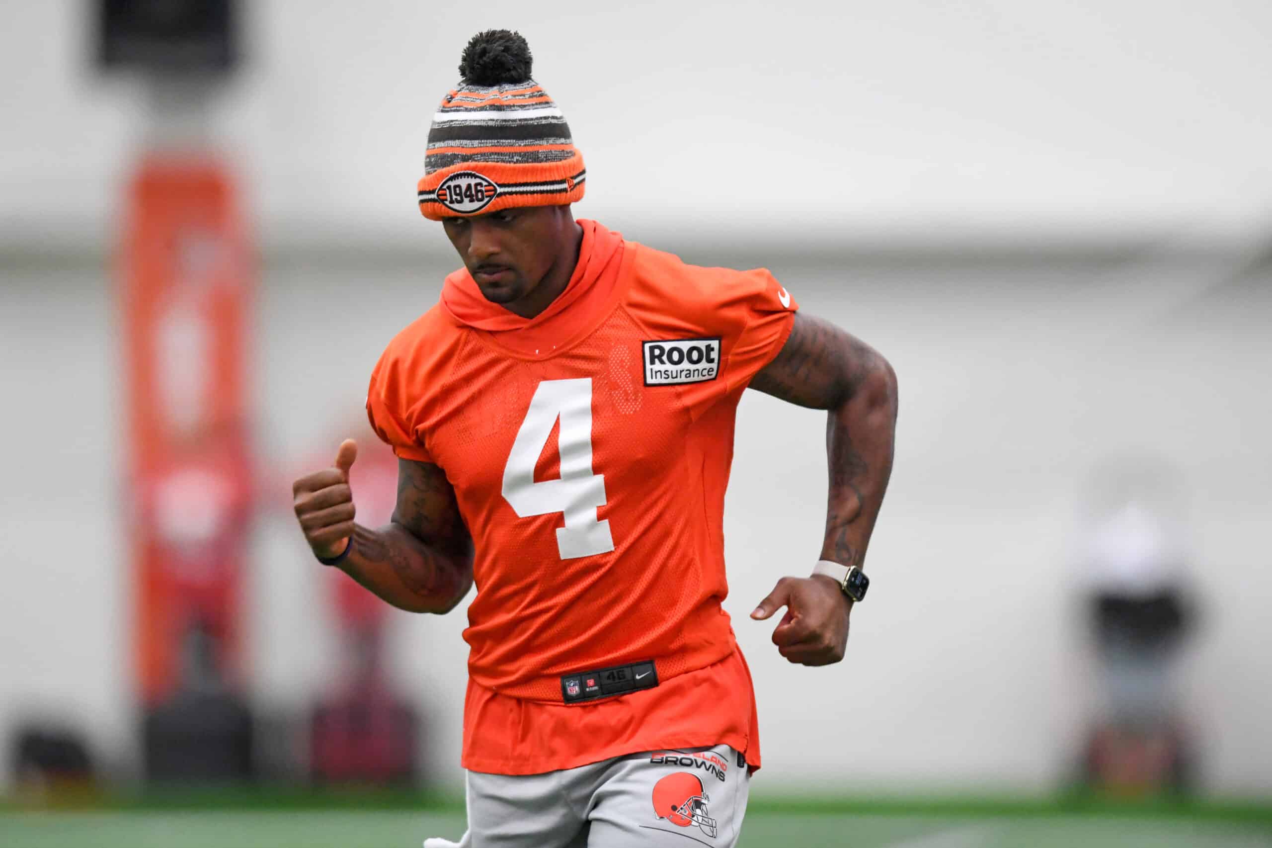 Deshaun Watson #4 of the Cleveland Browns runs a drill during Cleveland Browns training camp at CrossCountry Mortgage Campus on July 27, 2022 in Berea, Ohio.