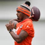 Deshaun Watson #4 of the Cleveland Browns throws a pass during Cleveland Browns training camp at CrossCountry Mortgage Campus on July 27, 2022 in Berea, Ohio.