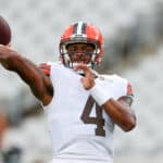 Deshaun Watson #4 of the Cleveland Browns warms up prior to a football game against the Jacksonville Jaguars at TIAA Bank Field on August 12, 2022 in Jacksonville, Florida.