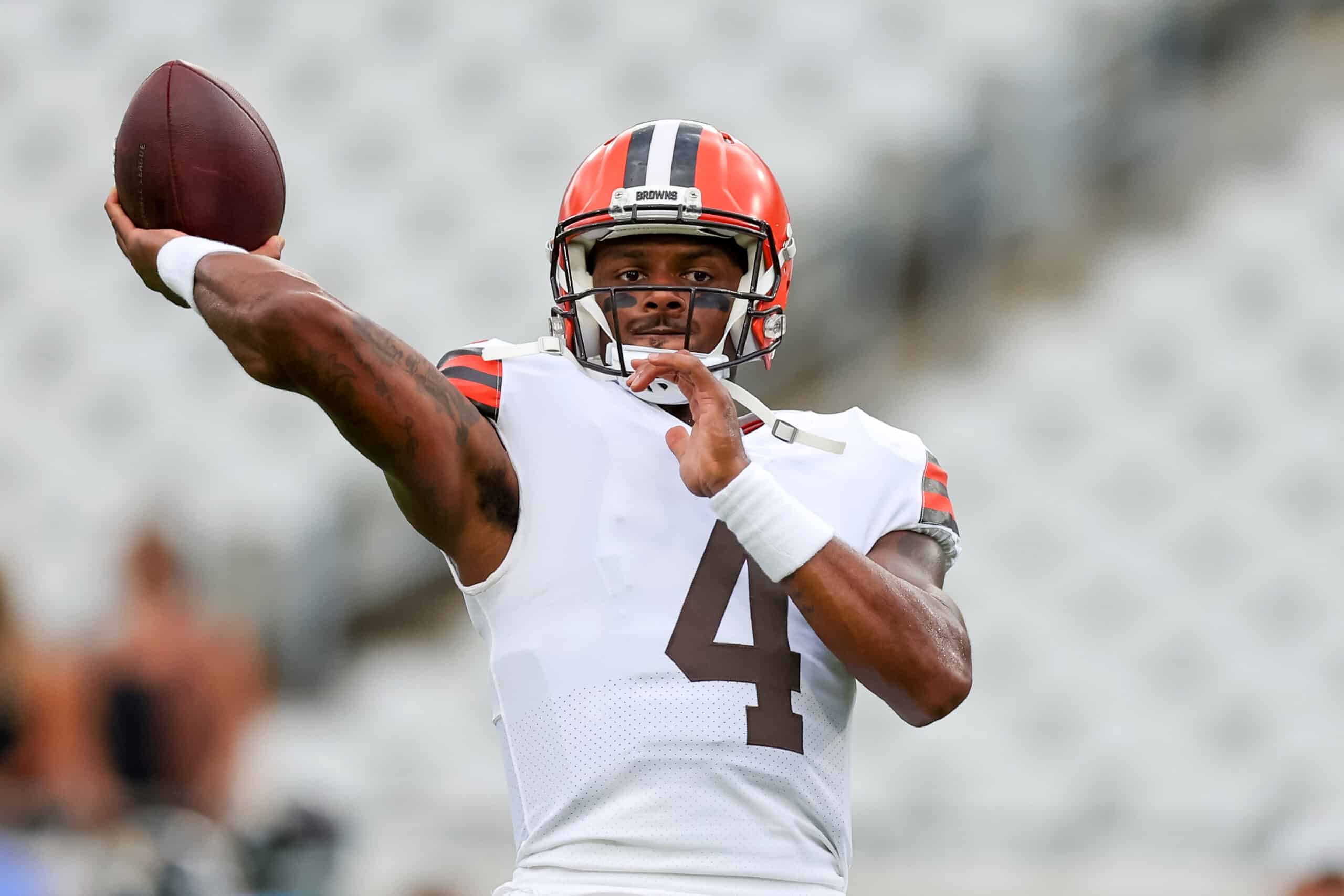 Deshaun Watson #4 of the Cleveland Browns warms up prior to a football game against the Jacksonville Jaguars at TIAA Bank Field on August 12, 2022 in Jacksonville, Florida. 