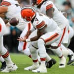 Deshaun Watson #4 of the Cleveland Browns fumbles a snap against the Jacksonville Jaguars during a football game at TIAA Bank Field on August 12, 2022 in Jacksonville, Florida.