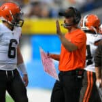Baker Mayfield #6 of the Cleveland Browns talks with head coach Kevin Stefanski during the first half against the Los Angeles Chargers at SoFi Stadium on October 10, 2021 in Inglewood, California.