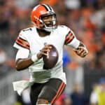 Jacoby Brissett #7 of the Cleveland Browns looks to pass during the first half of a preseason game against the Chicago Bears at FirstEnergy Stadium on August 27, 2022 in Cleveland, Ohio.