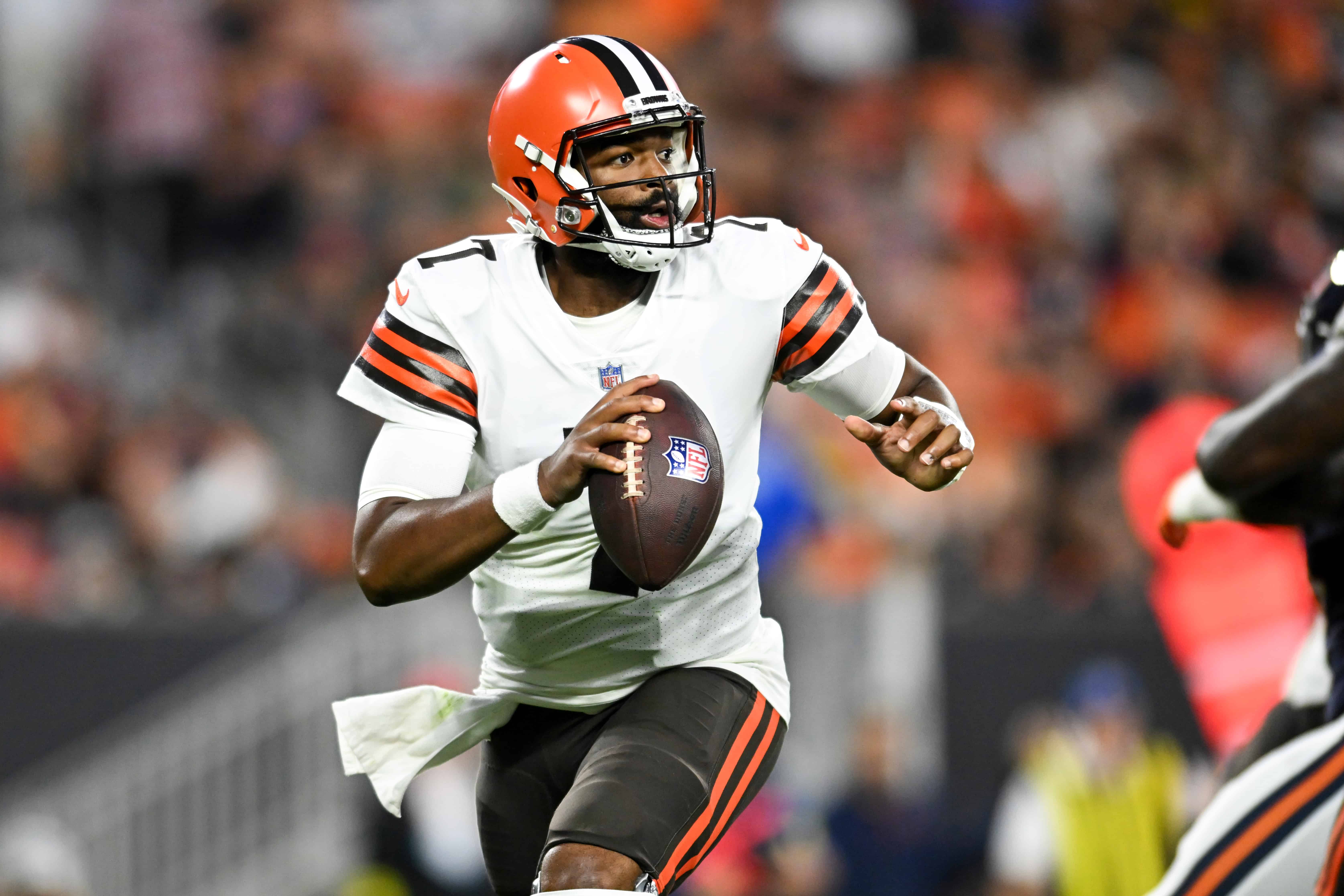 Jacoby Brissett #7 of the Cleveland Browns looks to pass during the first half of a preseason game against the Chicago Bears at FirstEnergy Stadium on August 27, 2022 in Cleveland, Ohio.