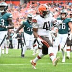 Running back John Kelly Jr. #41 of the Cleveland Browns runs in a touchdown during the third quarter of a preseason game against the Philadelphia Eagles at FirstEnergy Stadium on August 21, 2022 in Cleveland, Ohio. The Eagles defeated the Browns 21-20.