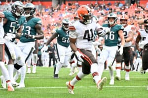 Running back John Kelly Jr. #41 of the Cleveland Browns runs in a touchdown during the third quarter of a preseason game against the Philadelphia Eagles at FirstEnergy Stadium on August 21, 2022 in Cleveland, Ohio. The Eagles defeated the Browns 21-20.