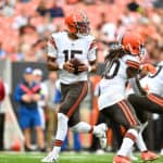 Quarterback Joshua Dobbs #15 of the Cleveland Browns drops back for a pass during the second quarter of a preseason game against the Philadelphia Eagles at FirstEnergy Stadium on August 21, 2022 in Cleveland, Ohio.
