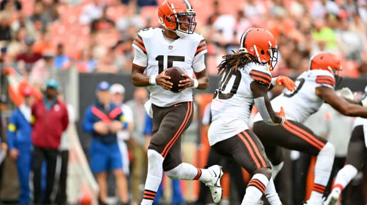 Quarterback Joshua Dobbs #15 of the Cleveland Browns drops back for a pass during the second quarter of a preseason game against the Philadelphia Eagles at FirstEnergy Stadium on August 21, 2022 in Cleveland, Ohio.