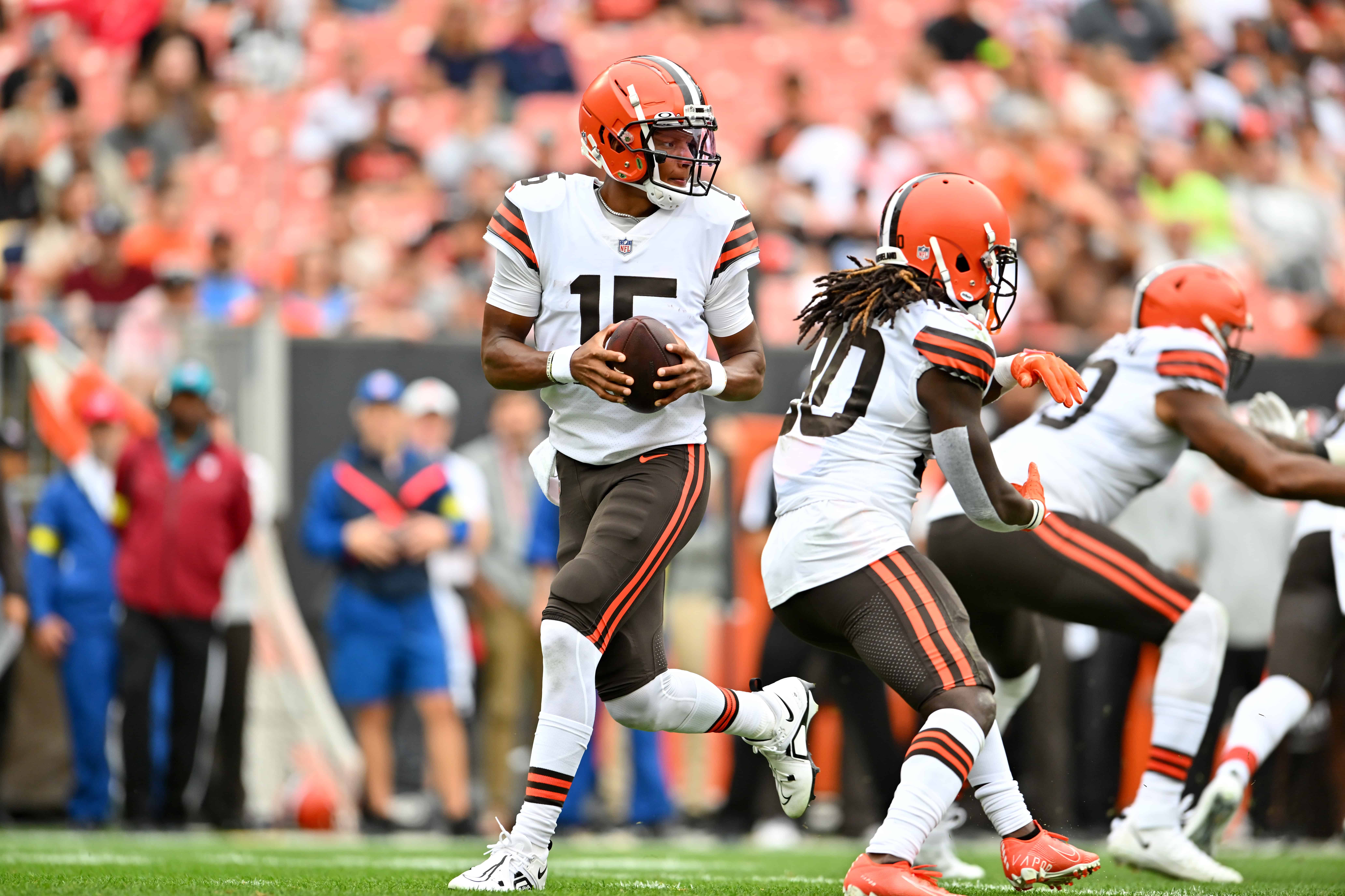 Quarterback Joshua Dobbs #15 of the Cleveland Browns drops back for a pass during the second quarter of a preseason game against the Philadelphia Eagles at FirstEnergy Stadium on August 21, 2022 in Cleveland, Ohio.