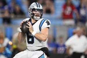 Baker Mayfield #6 of the Carolina Panthers throws a pass in the first quarter against the Buffalo Bills during a preseason game at Bank of America Stadium on August 26, 2022 in Charlotte, North Carolina.