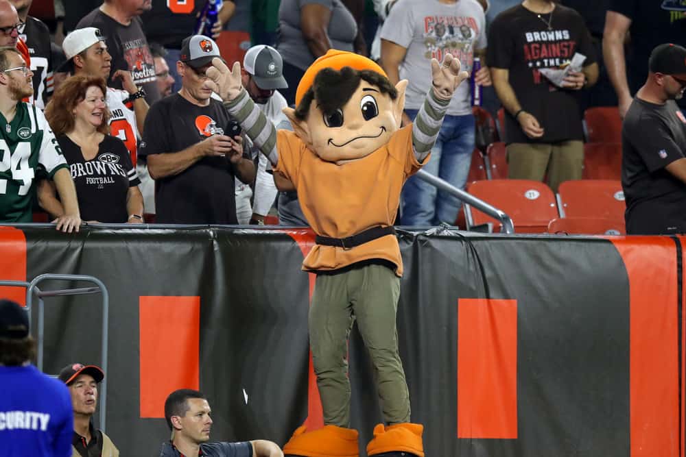 The Cleveland Browns Brownie mascot on the sideline prior to the National Football League game between the New York Jets and Cleveland Browns on September 20, 2018, at FirstEnergy Stadium in Cleveland, OH. Cleveland defeated New York 21-17.